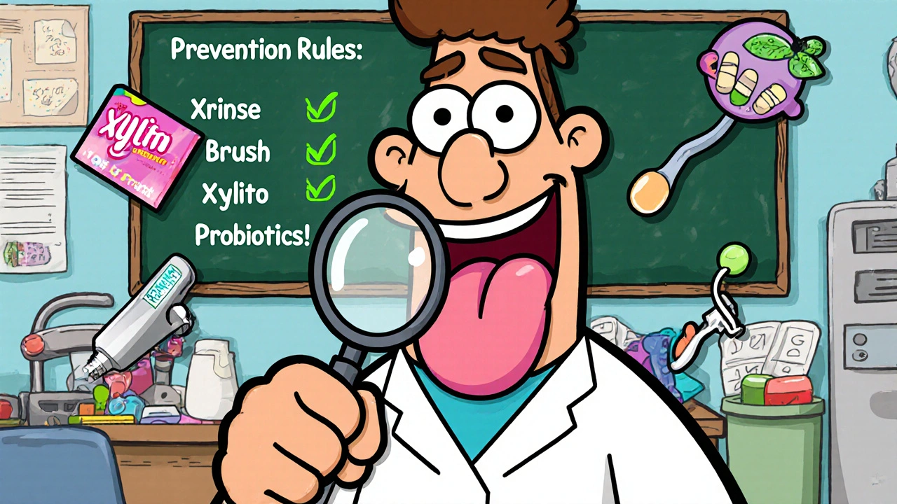 Dentist examining a healthy mouth surrounded by prevention tools like xylitol gum and probiotics.