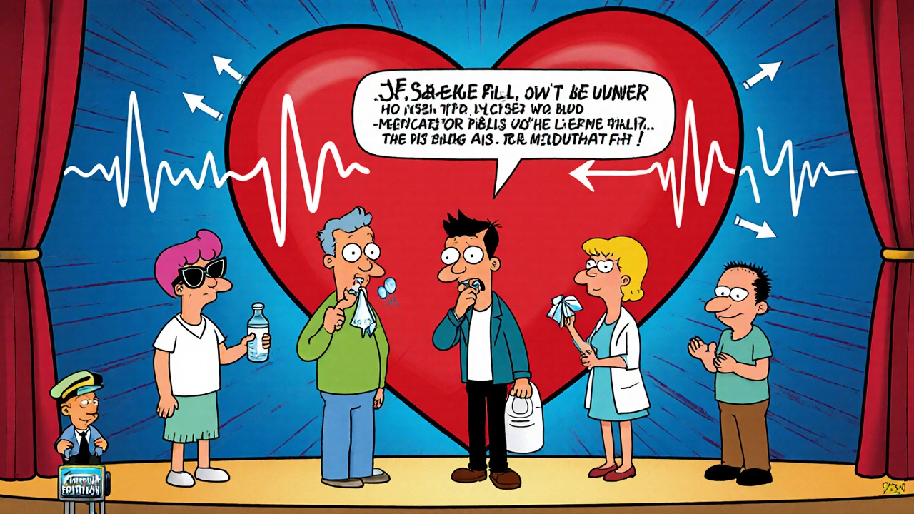 Diverse cartoon patients holding different blood pressure meds on a stage, with a pulsing heart and &#039;Right Fit&#039; banner.