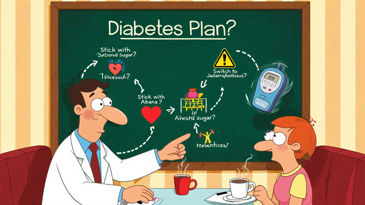Doctor and patient at a diner booth discussing diabetes treatment options on a chalkboard flowchart.