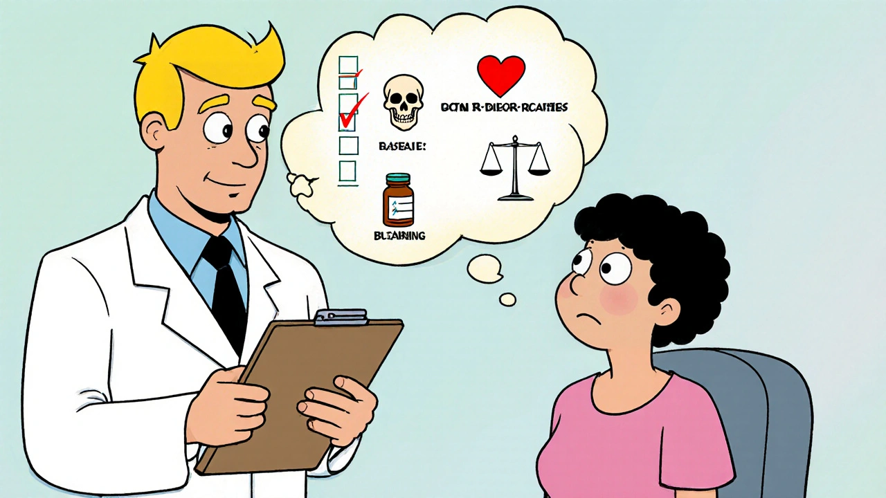 Doctor and patient with floating 5-question checklist as glowing comic book thought bubbles.