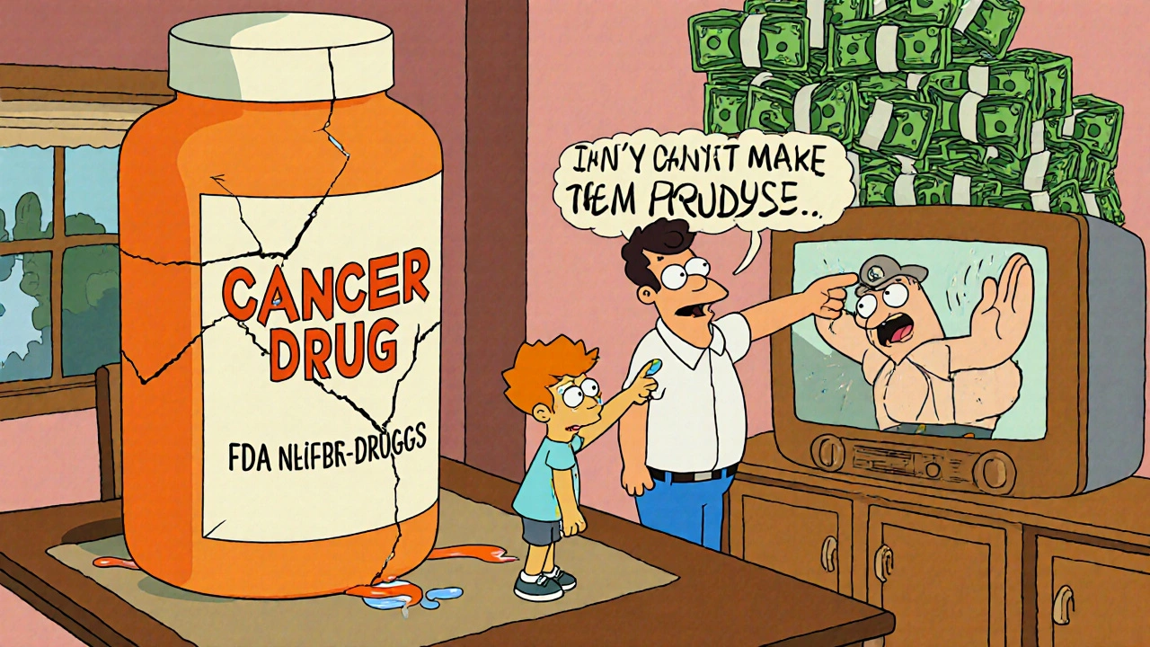 Family beside cracked medicine bottle as TV shows FDA inspector shrugging helplessly.