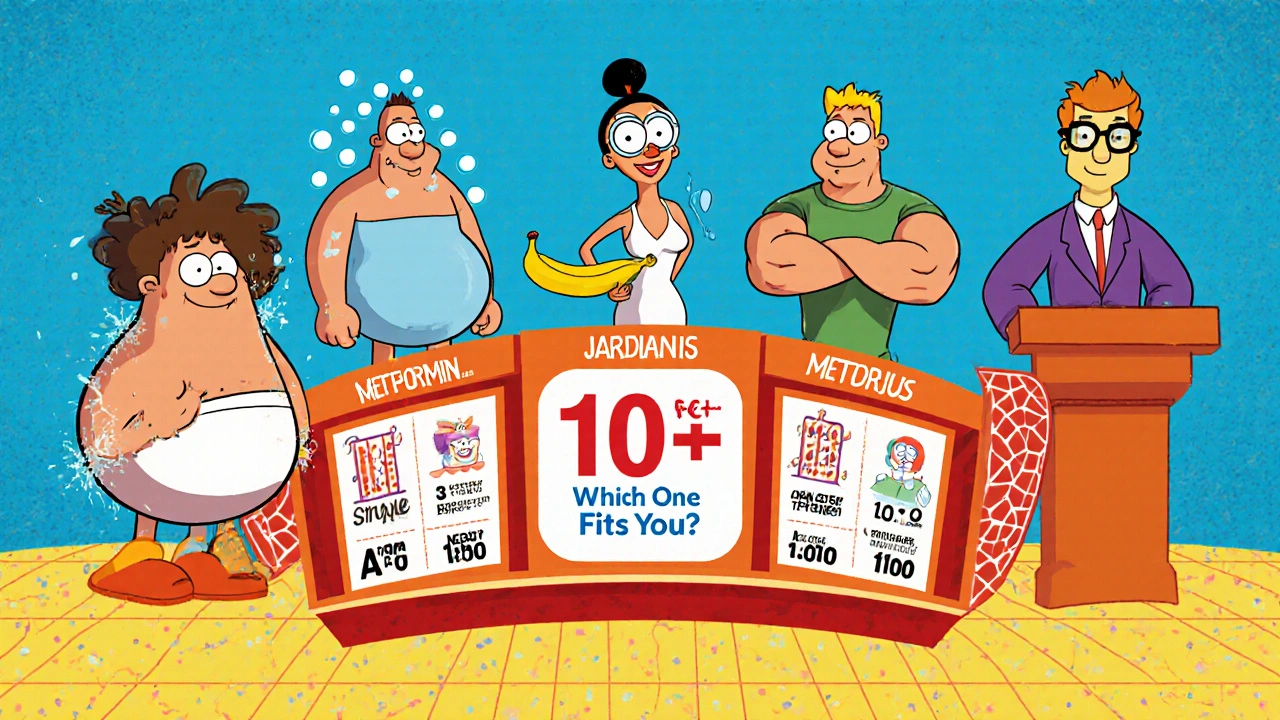 Five cartoon diabetes pills in a game show format with labels showing effects on blood sugar and weight.