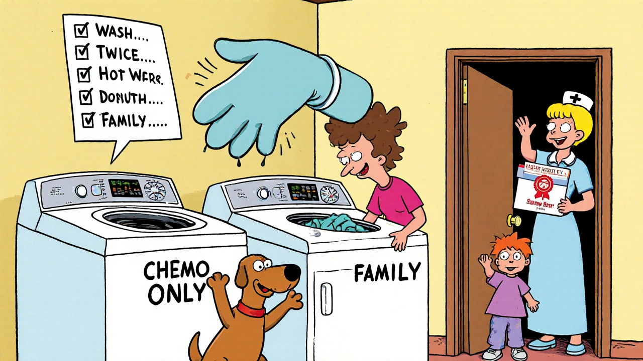 Laundry is sorted into separate machines with a checklist floating in the air.