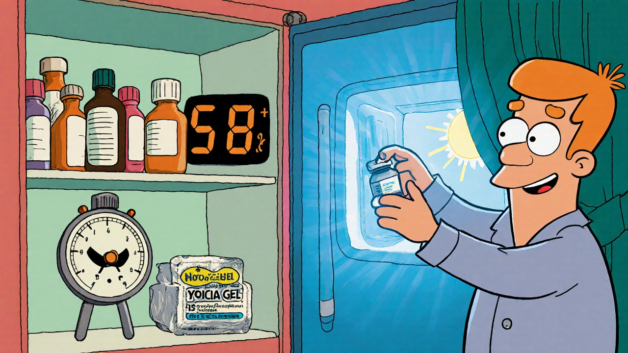 Medicines stored safely in a bedroom closet with a hygrometer and cool fridge in background.