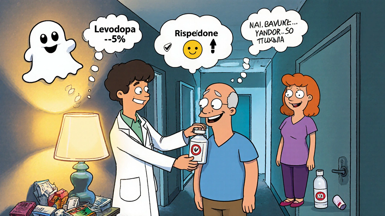 Neurologist adjusting levodopa dose while caregiver improves lighting, discarded risky antipsychotic in corner.