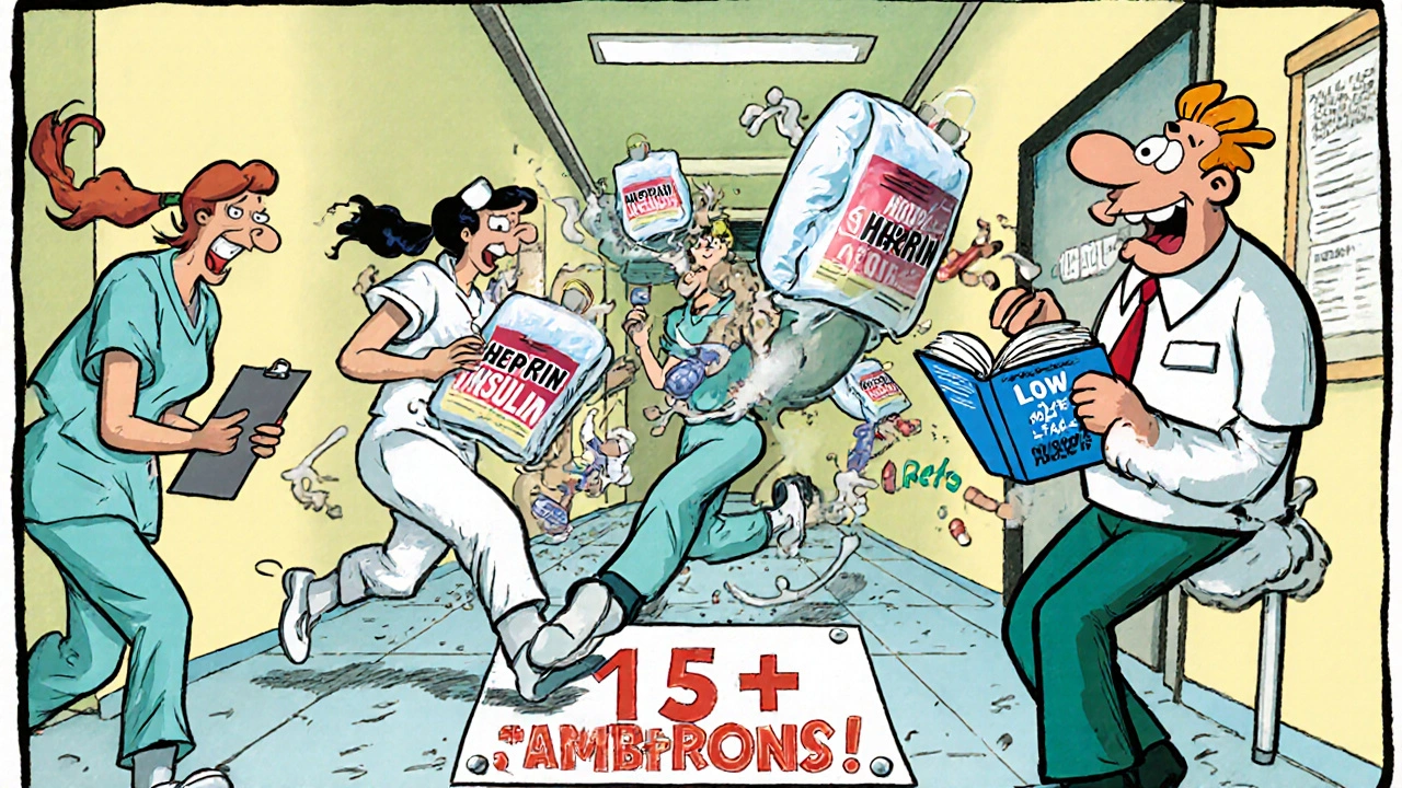 Nurses chasing floating IV bags in chaotic hospital hallway with exaggerated motion.