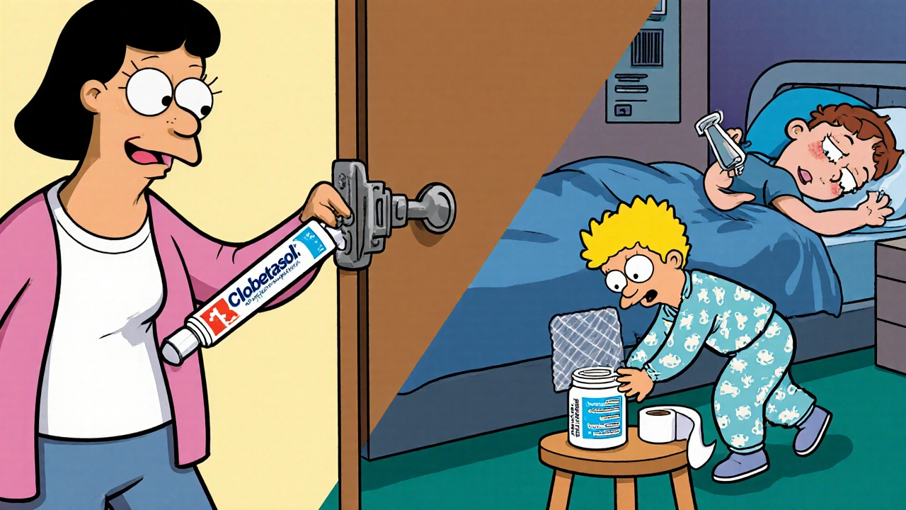 Parent locking medication away while child tries to reach it with plastic wrap.