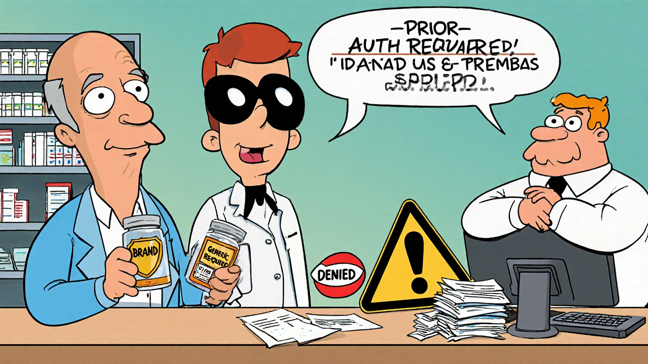 Patient at pharmacy with denied insurance paperwork in cartoon style