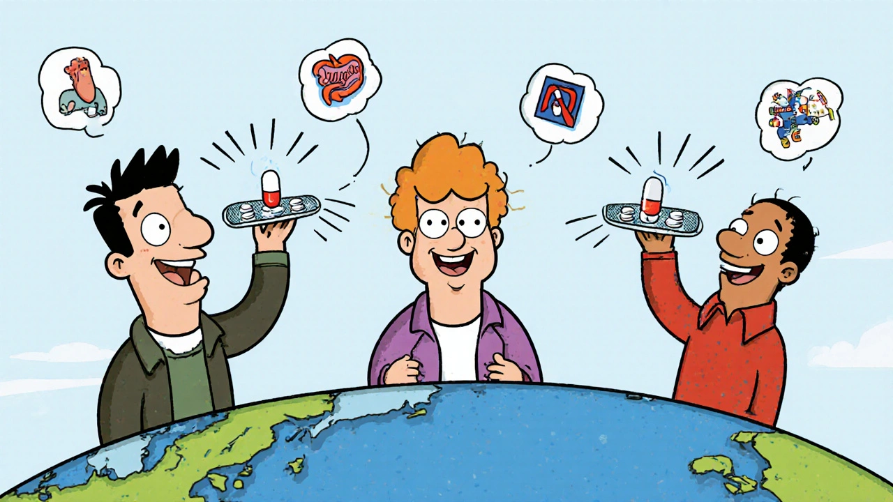 People from three cities taking one pill, with health waves spreading globally.