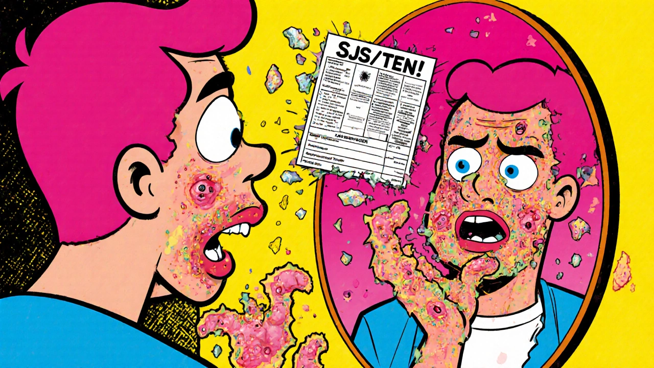 Person horrified as skin peels off in cartoon flakes, blisters on face, medical chart flying.