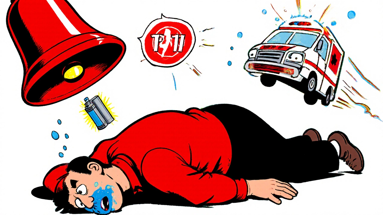 Person in red zone collapsing as ambulance rushes in with flashing alarm.