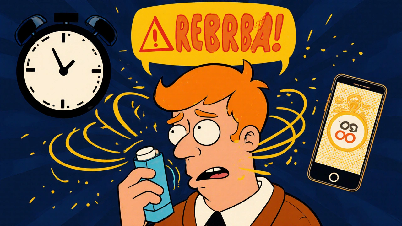 Person in yellow zone with wheezing lines and warning meter, holding inhaler.