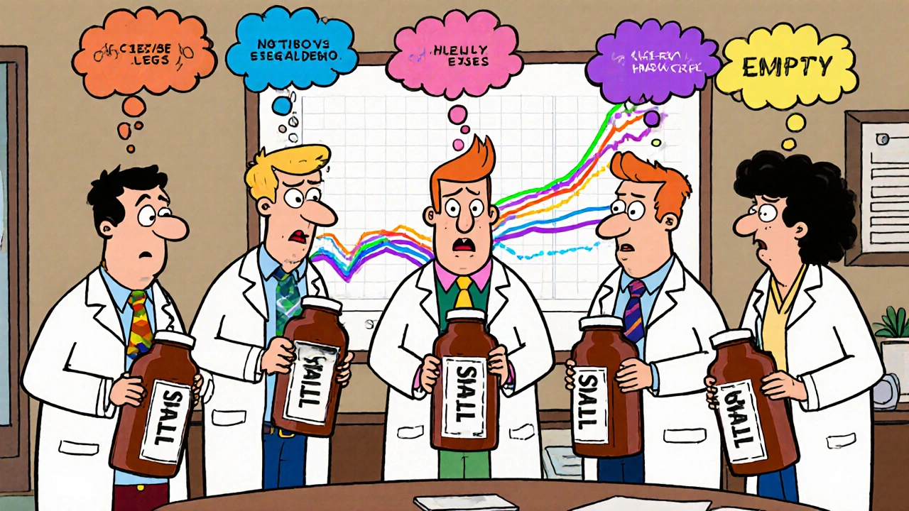 Six people in a lab hold different bottles, each with identical symptom clouds rising from their heads.