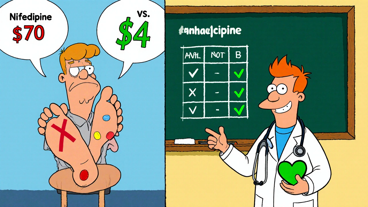 Split cartoon scene comparing Procardia cost () to amlodipine cost () with doctor and checklist visuals.