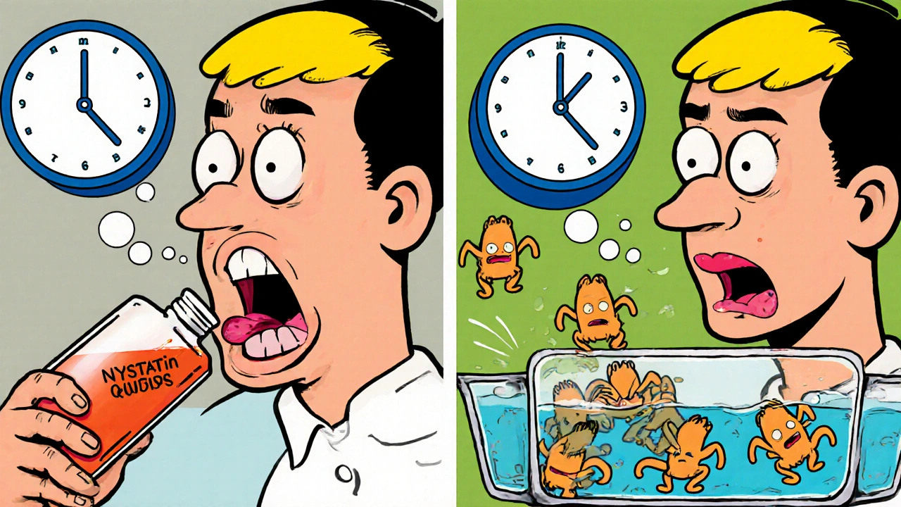 Split scene showing correct vs. incorrect use of oral thrush medication with exaggerated expressions.