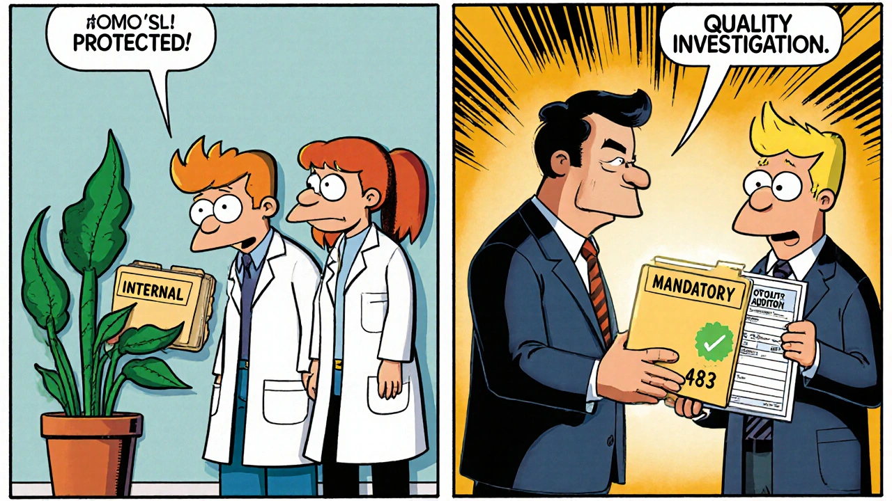 Split scene showing protected internal audit vs mandatory quality investigation documents