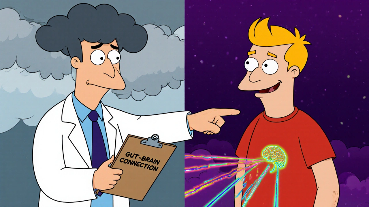 Split-screen showing mood improvement from gut-brain connection