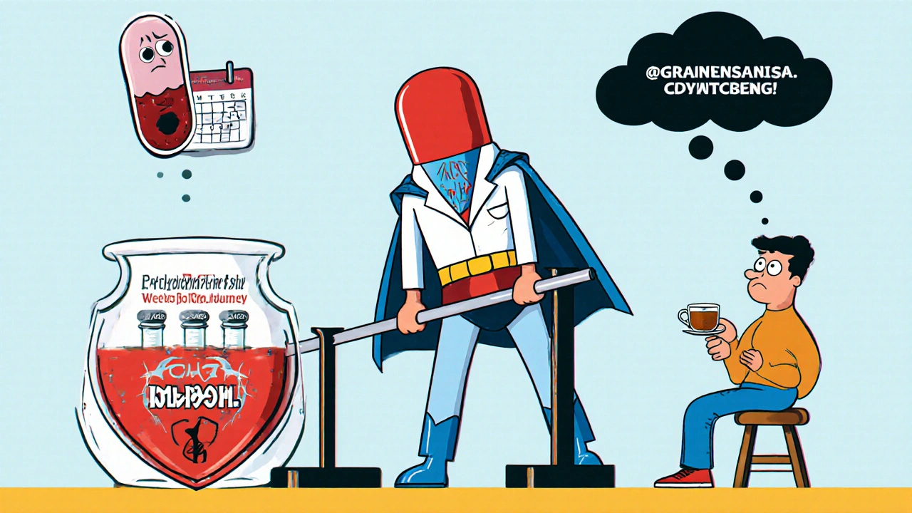 Superhero pill Clozapine lifting heavy motor symptoms weight, blood cell monitoring weekly tests in background.