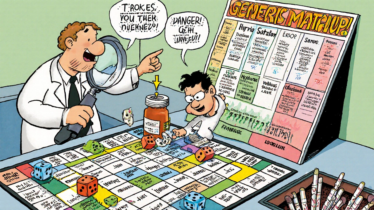 Technicians playing a colorful board game matching generic drug names with warning signs
