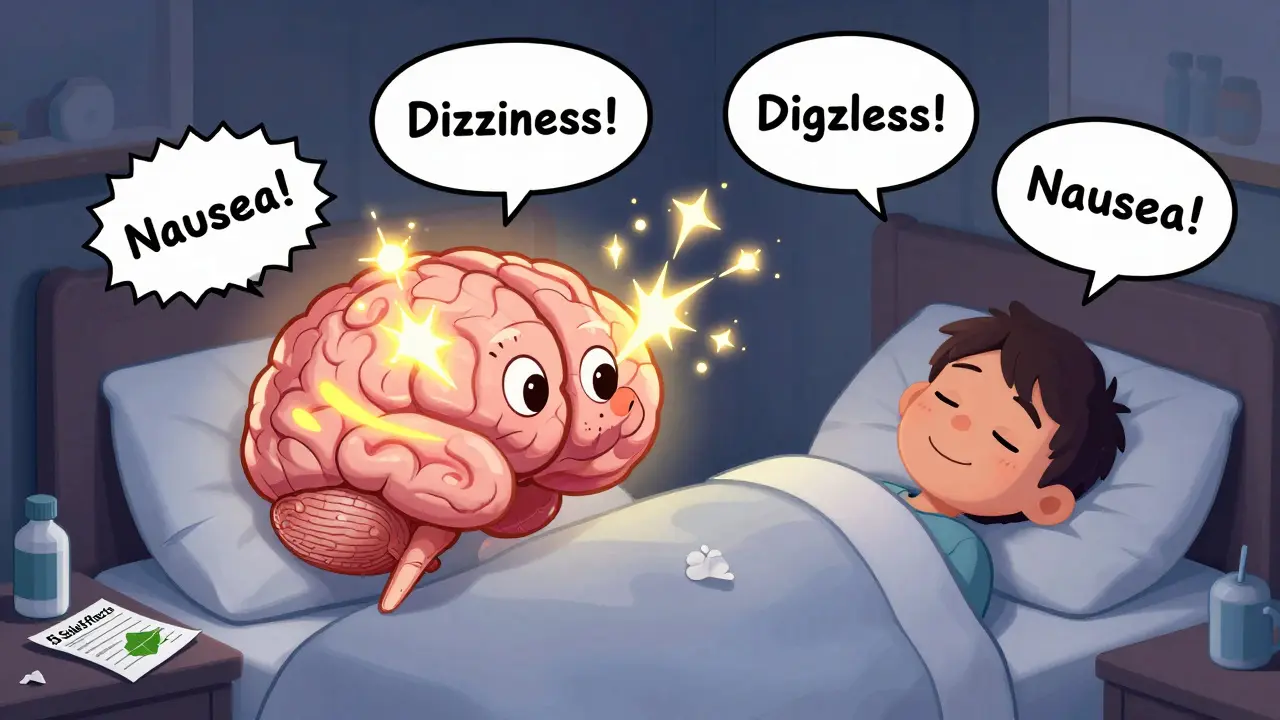 A cartoon brain lighting up with negative thoughts, while a calm patient sleeps peacefully nearby.