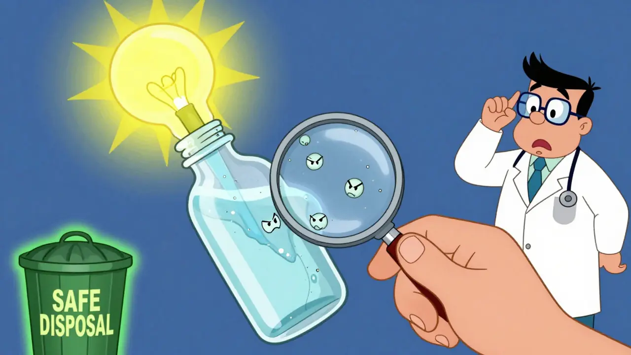 A cloudy medicine bottle with floating specks, held under bright light by a hand.