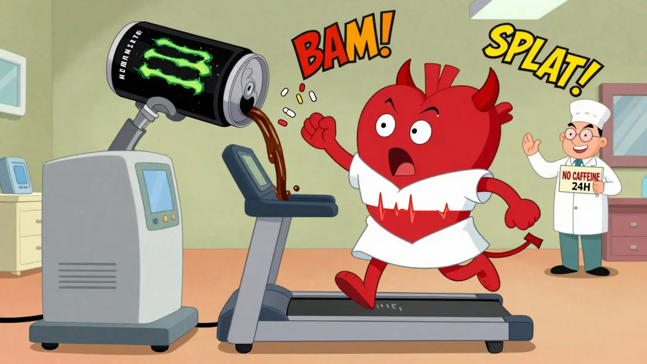 A heart undergoing a stress test as an energy drink pours caffeine into the machine, ruining the test.