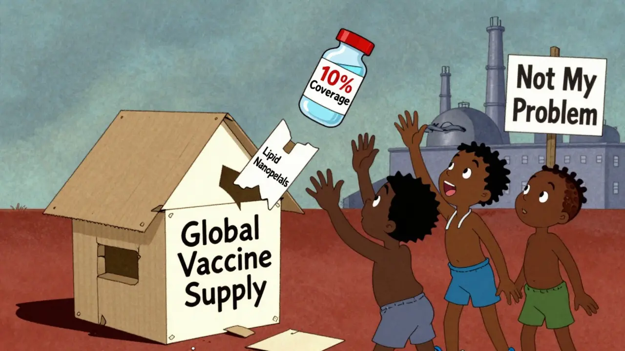 A house of cards labeled 'Global Vaccine Supply' collapsing as children in Africa reach for scarce vaccine vials.