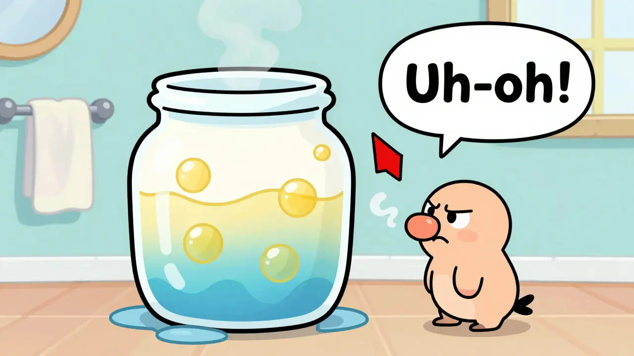 A jar of separated cream with oily bubbles and a sour-faced nose sniffing it.