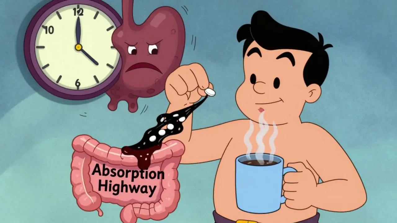 A man taking thyroid medication while coffee glue blocks absorption in a cartoon intestine.