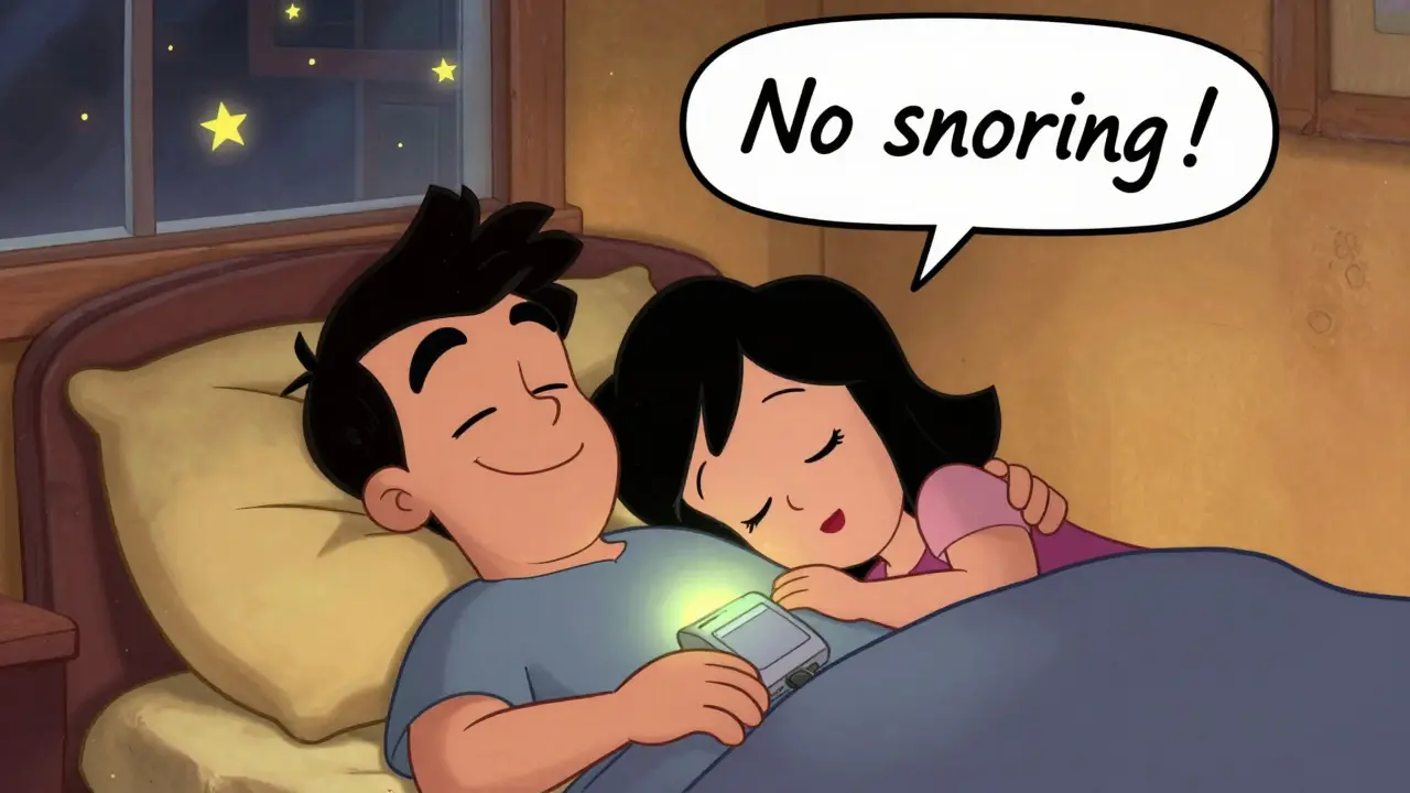 A peaceful couple sleeping, no snoring, with subtle glowing implant visible under man's shirt.