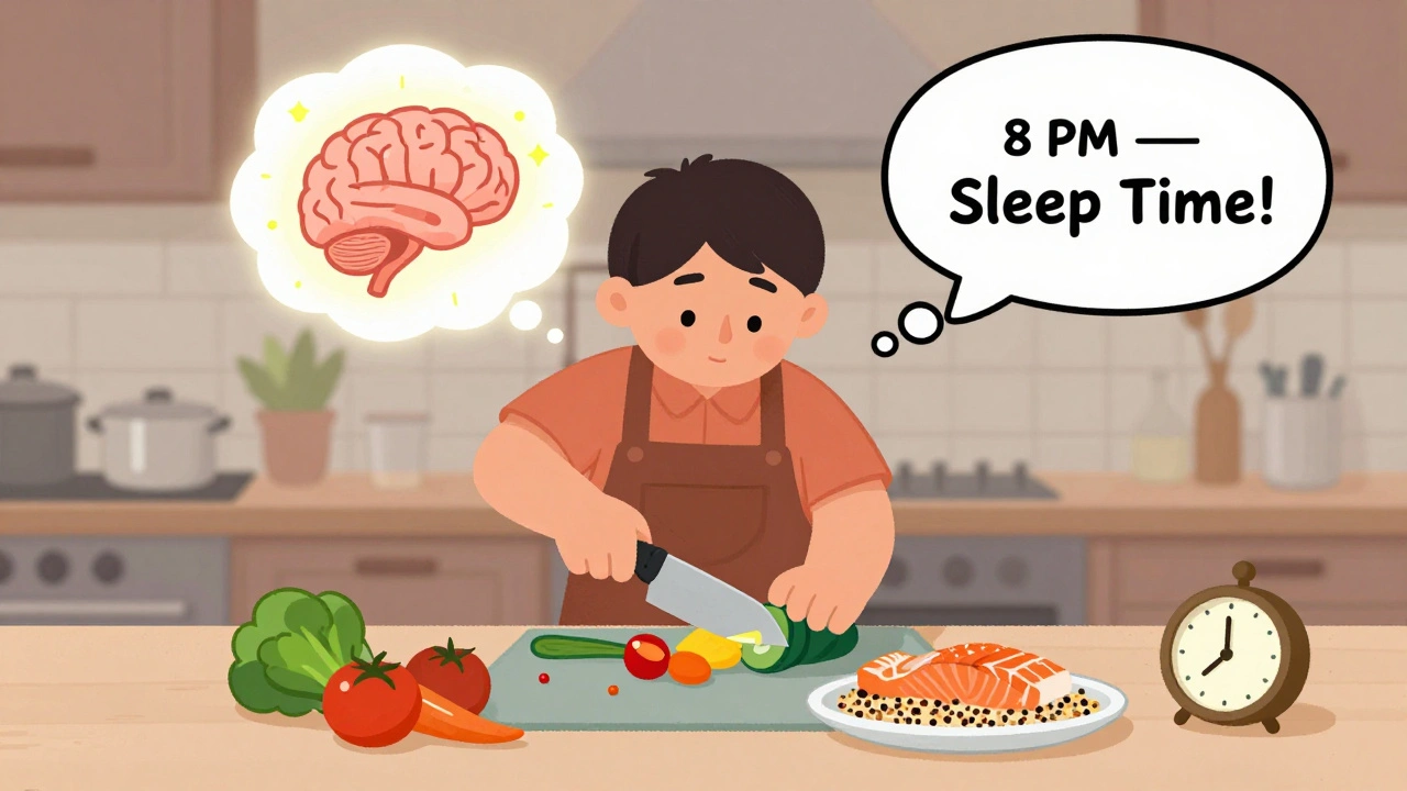 A person cooking healthy food with a glowing brain, representing diet&#039;s role in managing depression.