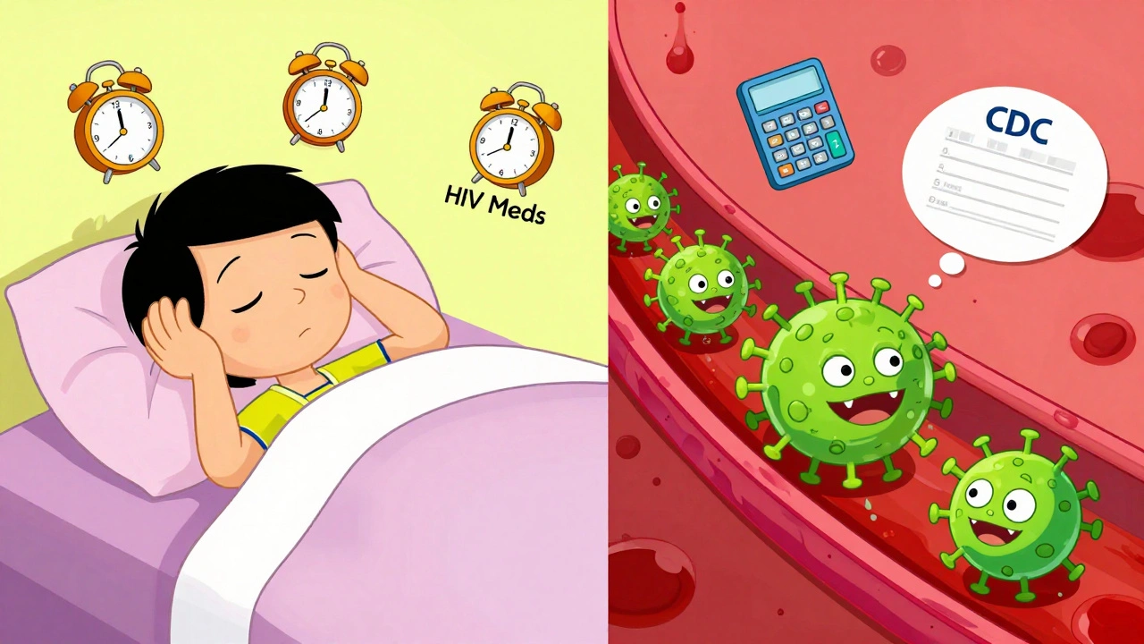 A person sleeps through HIV medication alarms while a virus multiplies, with a CDC calculator and schedule floating nearby.