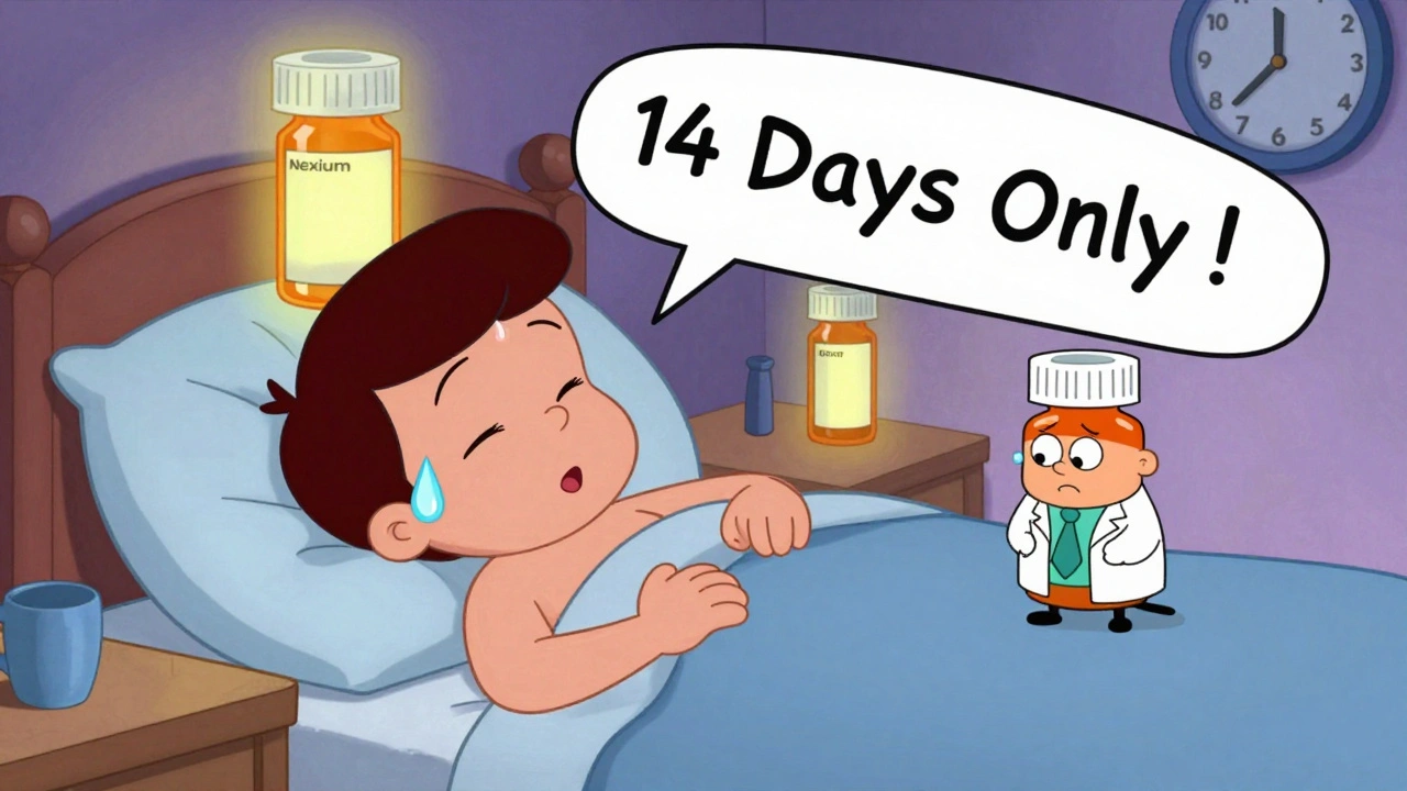 A person with stomach pain as a doctor pops out of an OTC bottle warning against overuse.