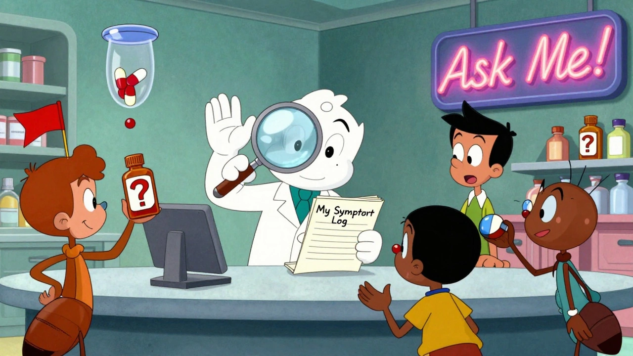 A pharmacist helping customers with symptom logs in a whimsical, retro drugstore.