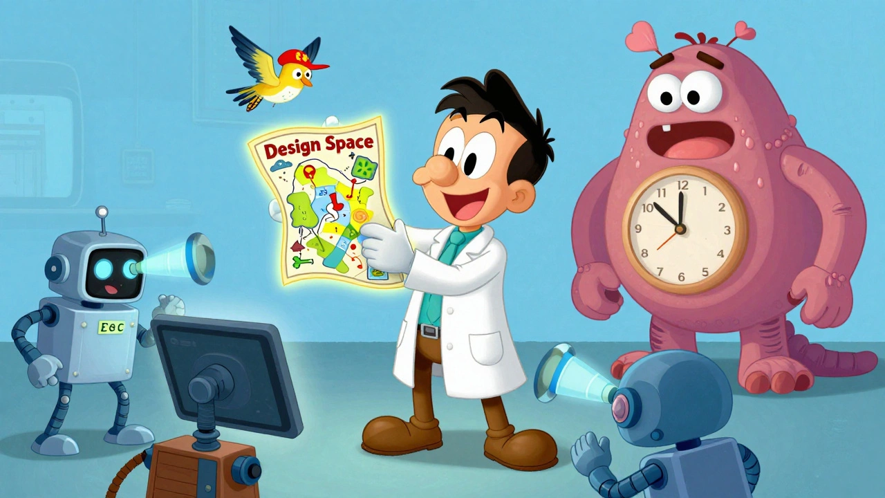 A scientist holds a &#039;Design Space&#039; map while robots monitor tablet production, with a &#039;PAS&#039; monster shrinking away.