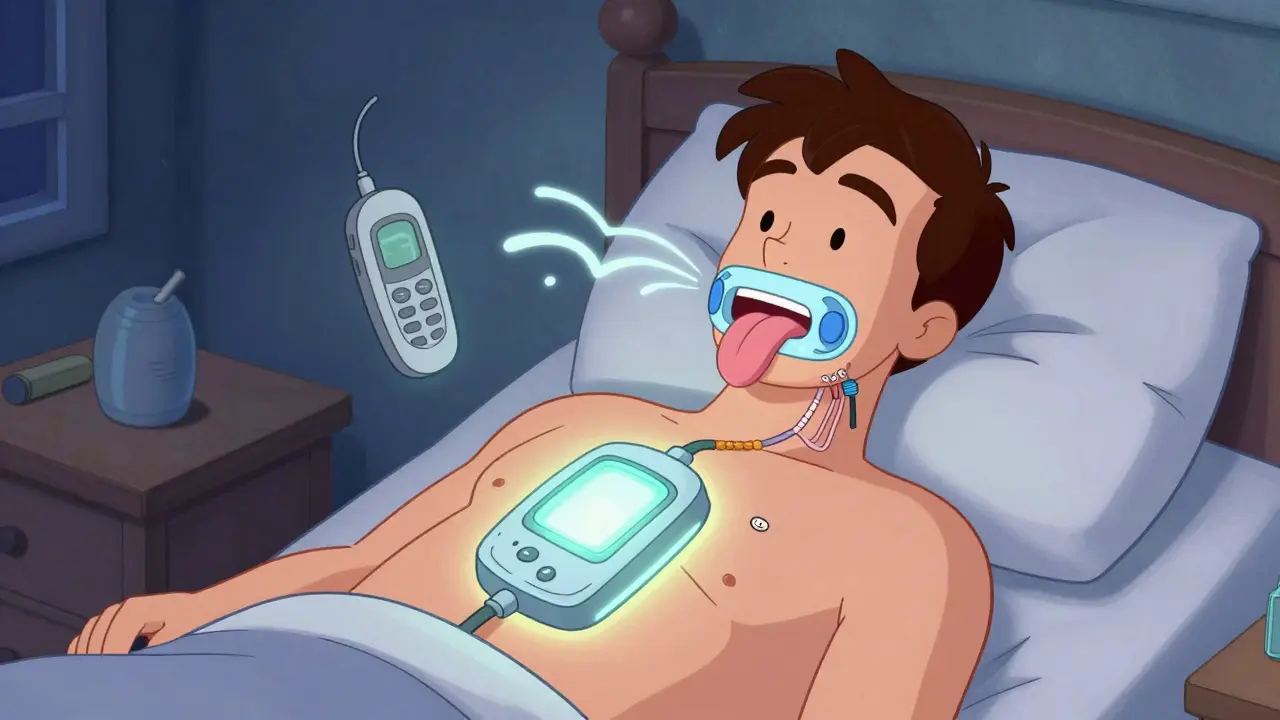 A small implant device under skin gently stimulating a nerve to keep airway open during sleep.