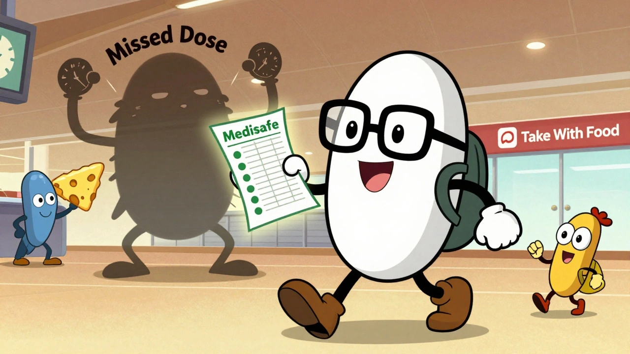 A traveler walks through an airport guided by a friendly Medisafe app mascot, defeating a &#039;Missed Dose Monster&#039; with a cheese wedge.