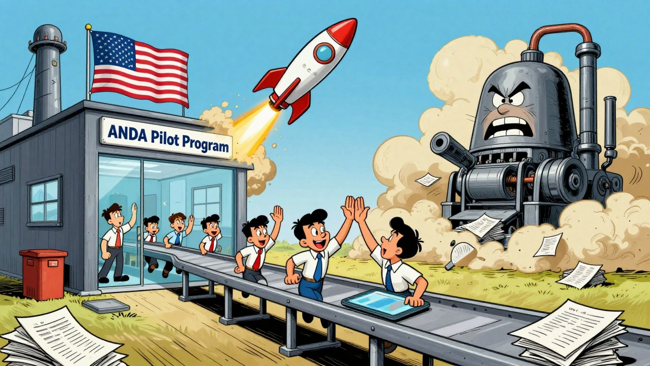 A U.S. factory launches a rocket labeled &#039;ANDA Pilot Program&#039; as outdated equipment fades in the background.