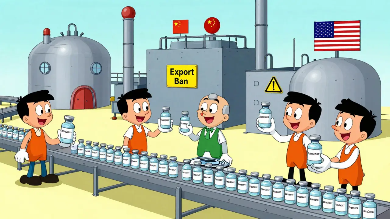 An Indian vaccine factory producing doses while importing raw materials from China and the U.S. with export warning signs.