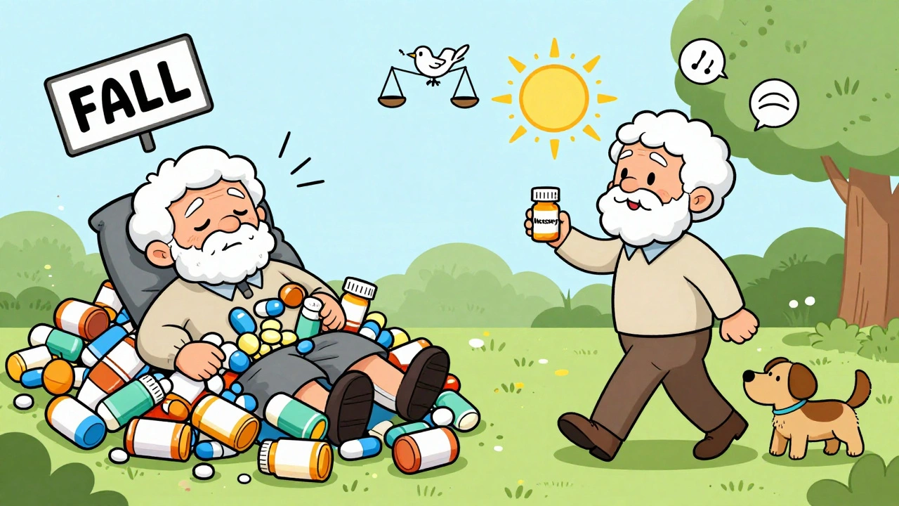 Before-and-after scene: elderly person overwhelmed by pills vs. walking happily with just one essential medication.