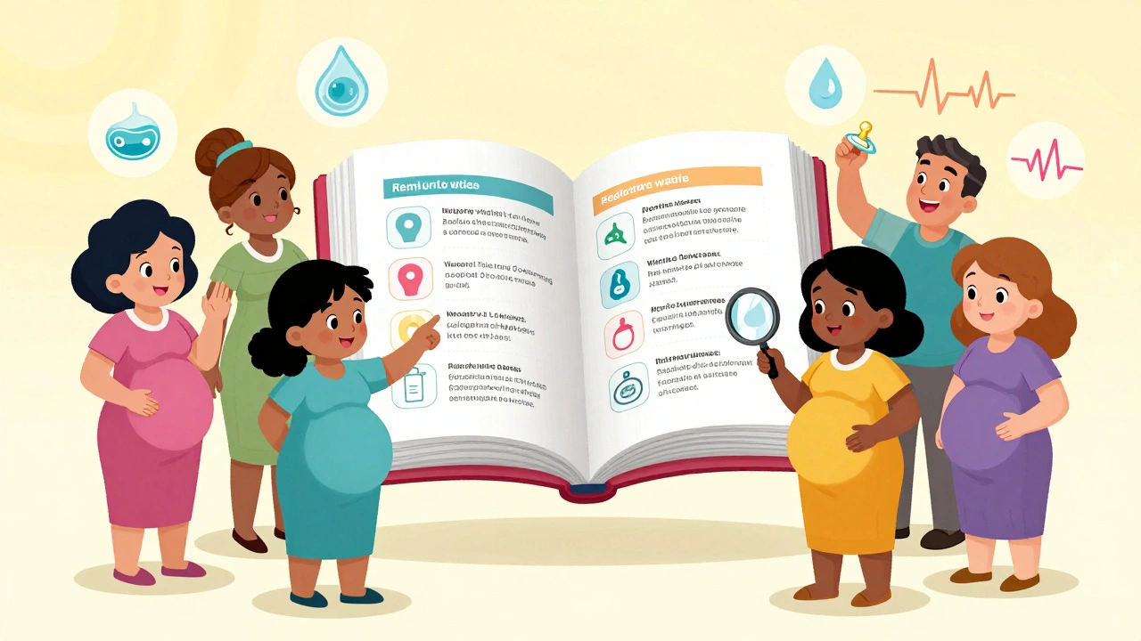 Diverse group of people studying a floating prescription label with icons for pregnancy registry, breast milk, and sperm safety.