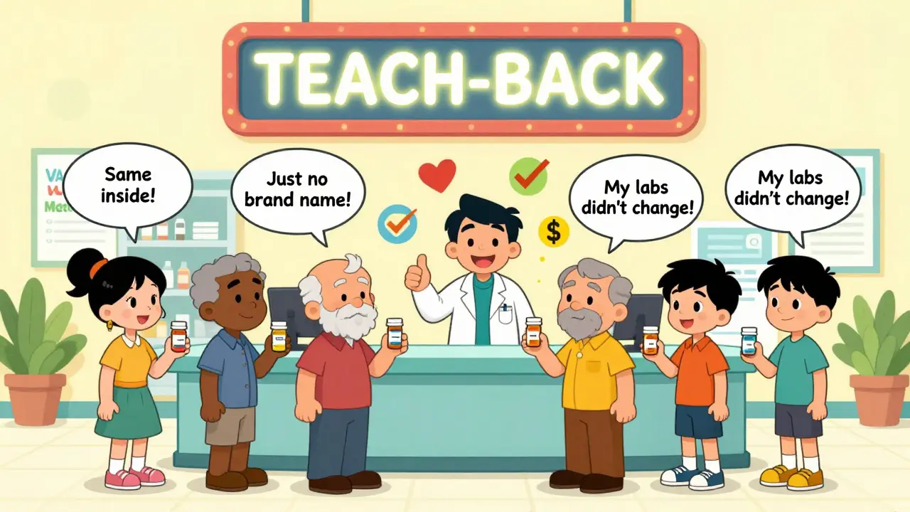 Diverse patients in a pharmacy line each have speech bubbles explaining generics in their own words, with a pharmacist smiling confidently.