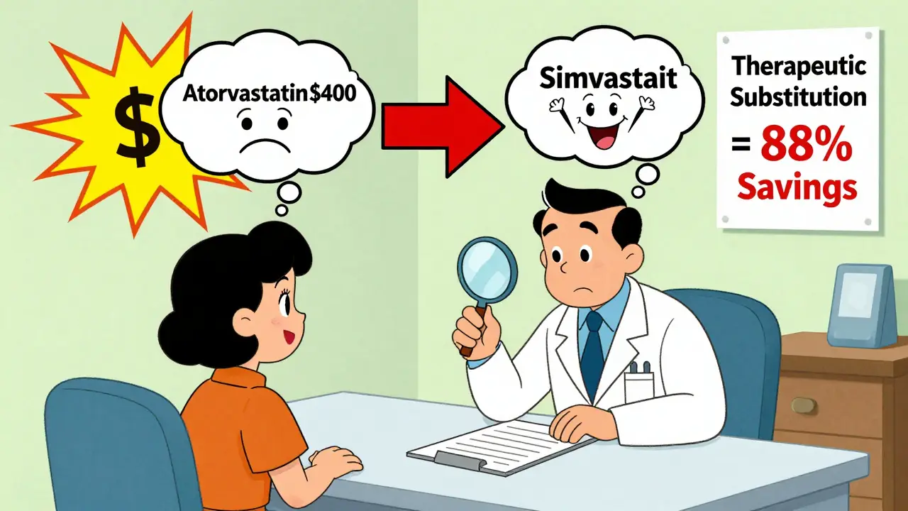 Doctor and patient comparing two statin generics in thought bubbles, one expensive and sad, one cheap and happy, with savings arrow.