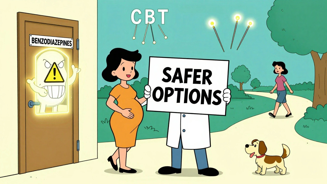 Doctor guides pregnant woman away from dangerous pills toward safe alternatives in Hanna-Barbera style.