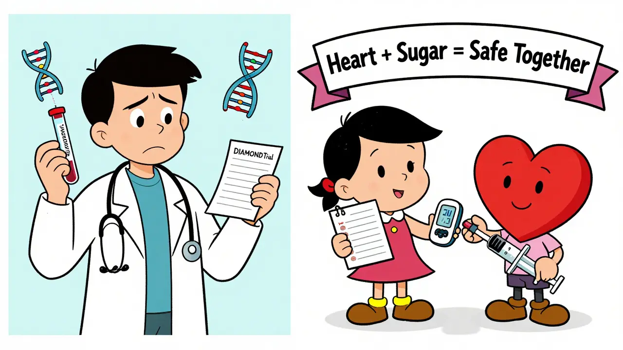 Doctor with genetic test tube on one side, patient with CGM on the other, heart and insulin shaking hands in harmony.