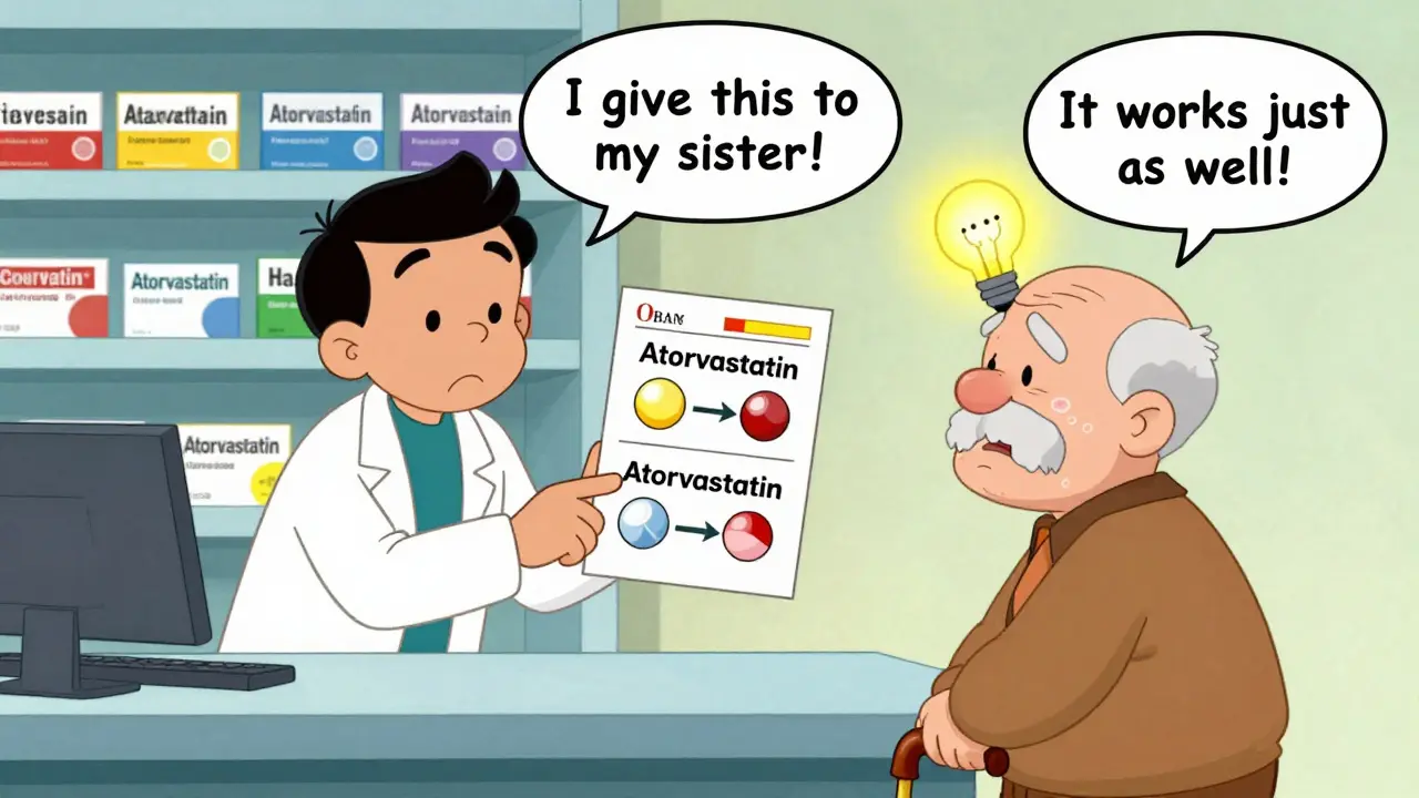 Elderly patient smiles as a pharmacist points to a pill comparison card with a lightbulb above his head, symbolizing understanding.