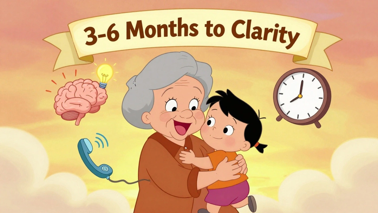 Elderly woman hugging grandchild after hearing &#039;I love you,&#039; with brain and clock icons floating nearby.
