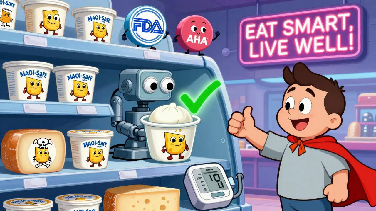 Futuristic grocery shelf with MAOI-safe mozzarella mascot and robotic scanner, contrasting dangerous aged cheeses.