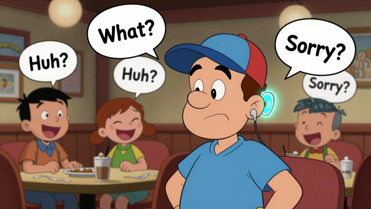 Man in restaurant struggling with muffled speech bubbles while a cochlear implant glows on his ear.