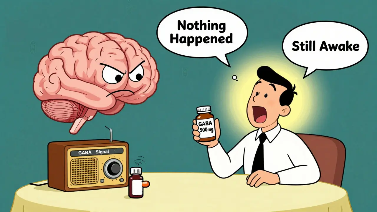 Man taking GABA supplement as brain receptor ignores it, while Valium turns up GABA volume knob